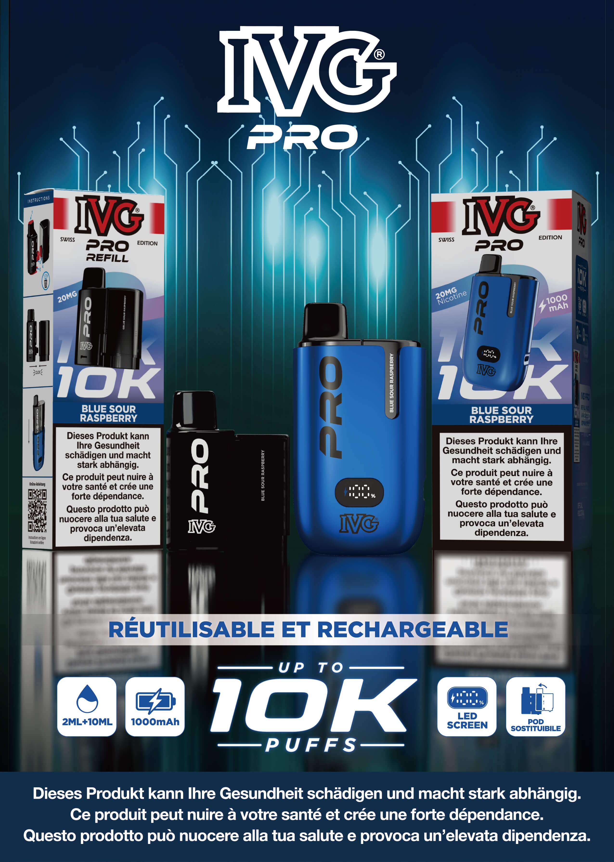 IVG PRO Cigarette Électronique en Blue Sour Raspberry - Kit vape réutilisable et emballage de recharge