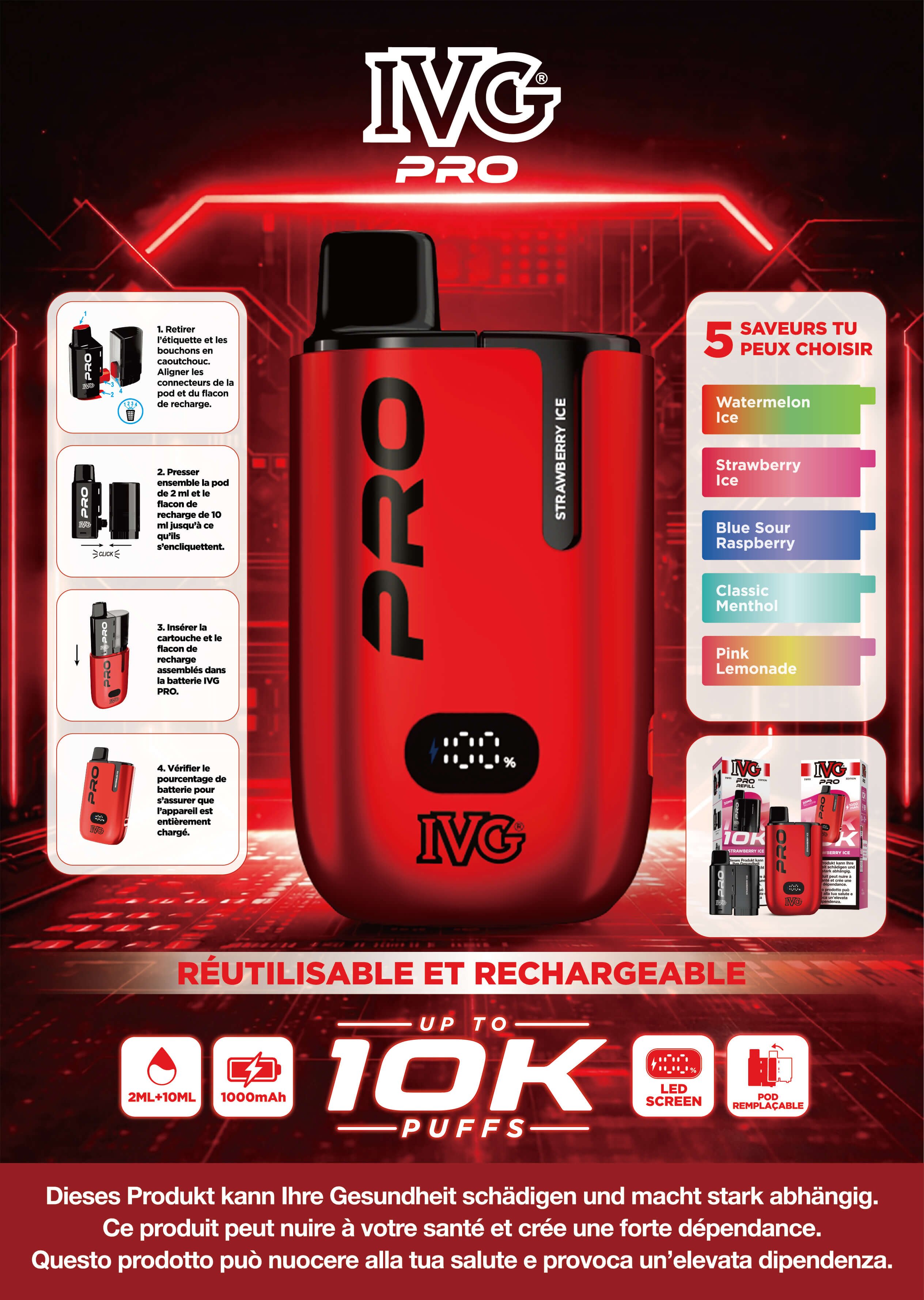 IVG PRO Cigarette Électronique Aperçu : 10 000 bouffées, batterie rechargeable 1000mAh, pod 2ml avec recharge 10ml et 5 saveurs